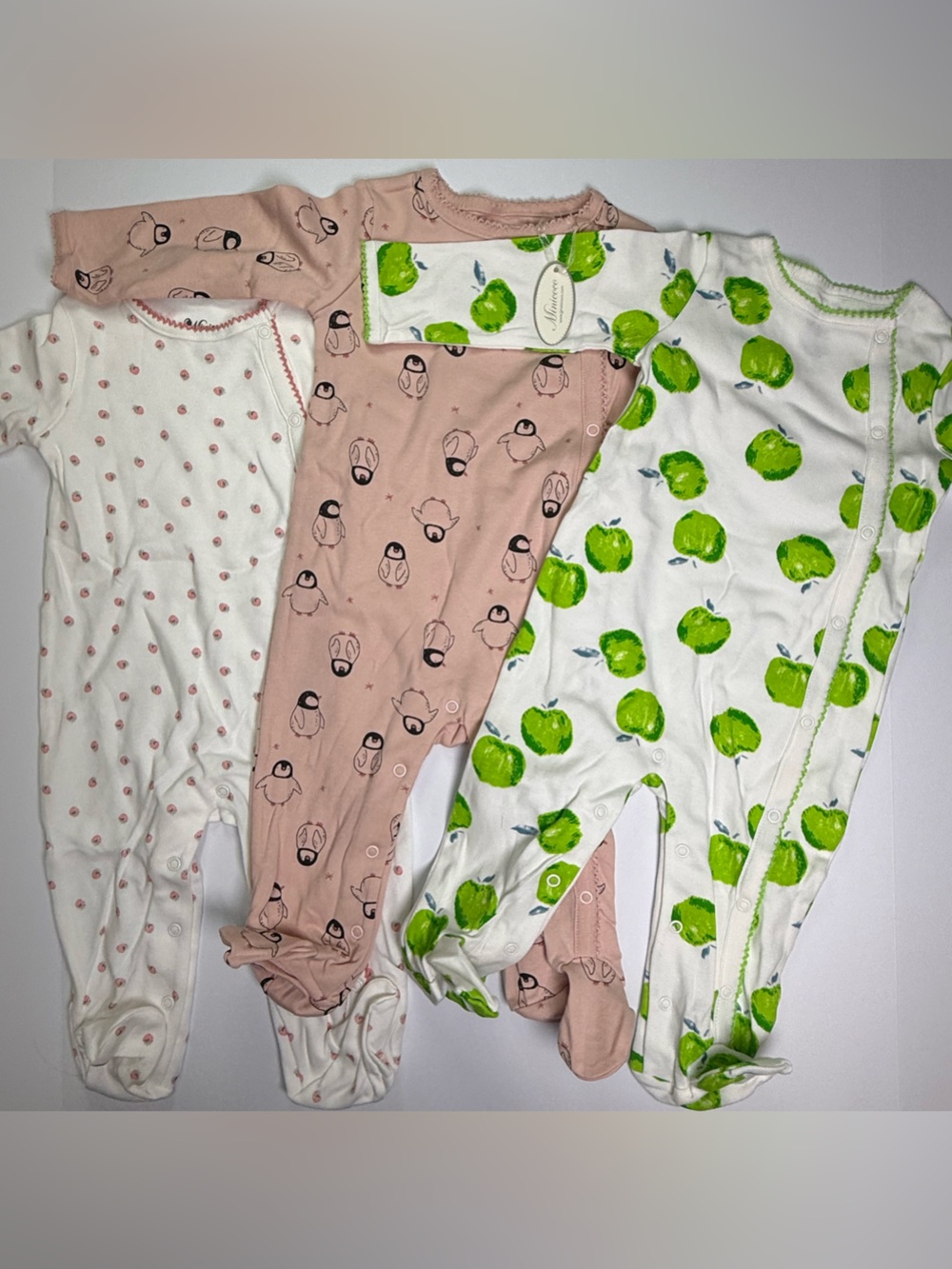 Minicoco Baby Girls Footed Sleepers 6–9 Months Lot of 3 Strawberry Apple Penguin